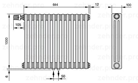 Схема (чертеж) Радиатор Zehnder Charleston 3100/14 №V007 Белый глянцевый RAL 9016